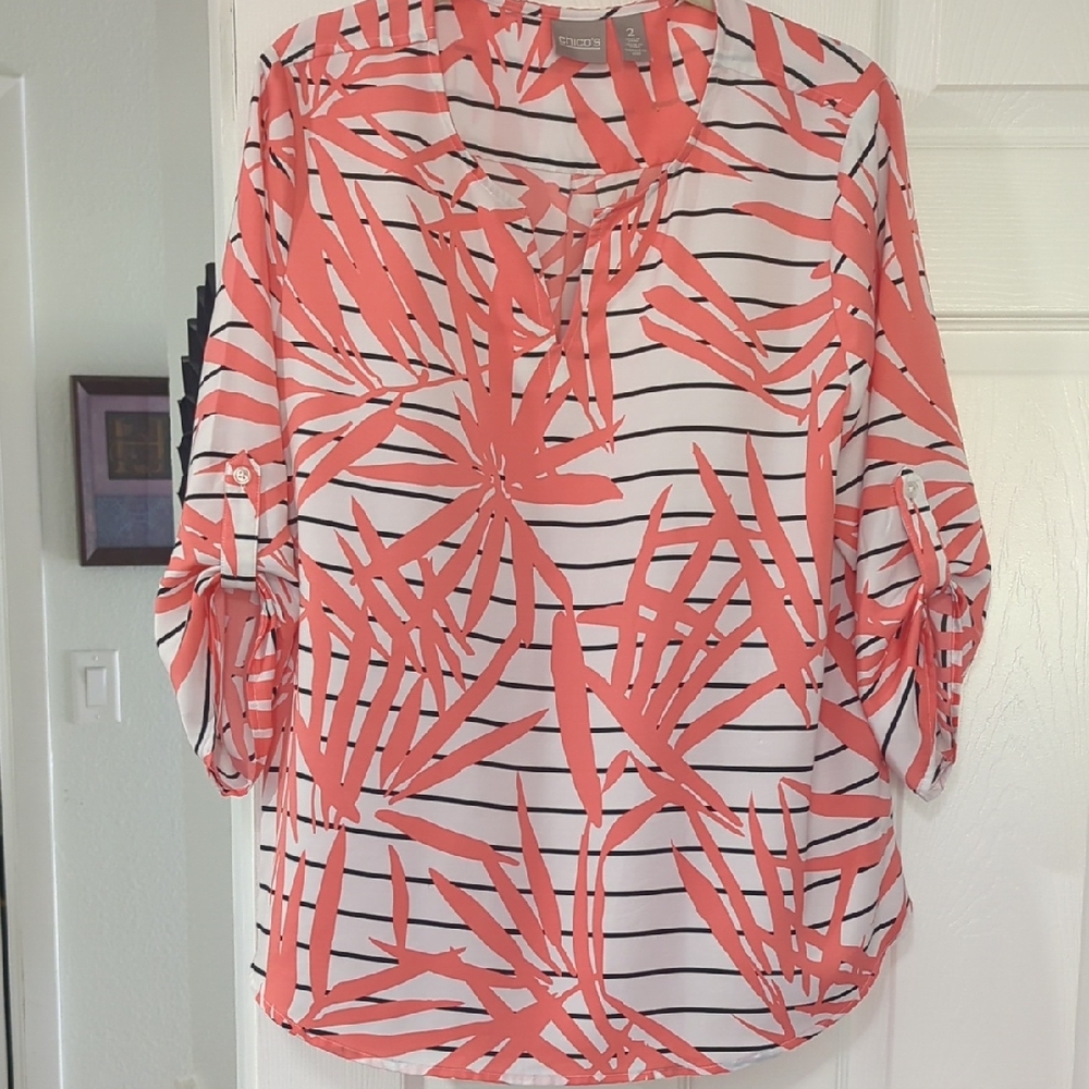 Chico's Coral Tropical Leaf Print, 3/4 Sleeve Tunic Size 2 or US 12
